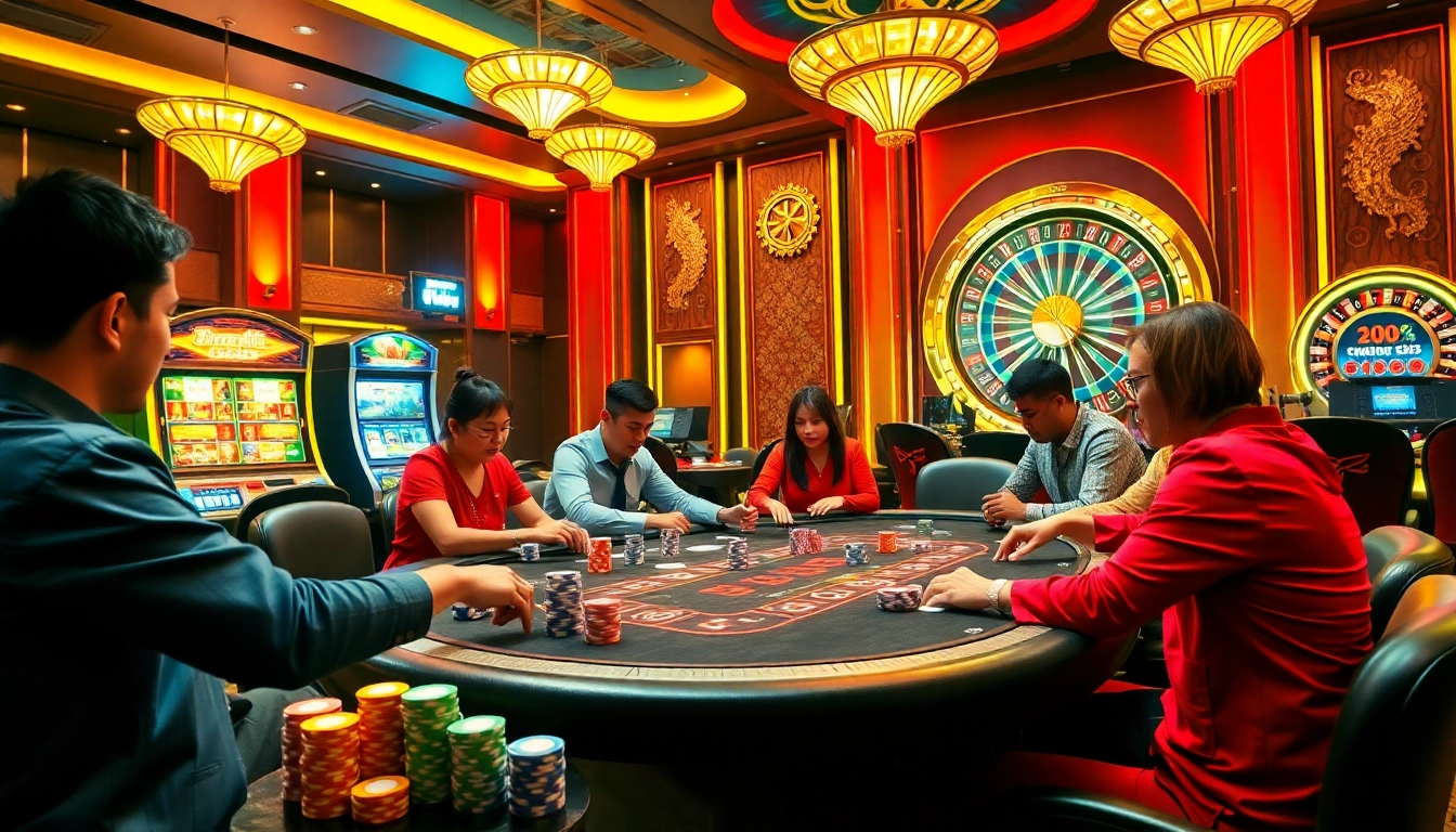 A thrilling poker game at nhà cái fun79, showcasing vibrant chips and a spinning roulette wheel in a luxurious casino atmosphere.