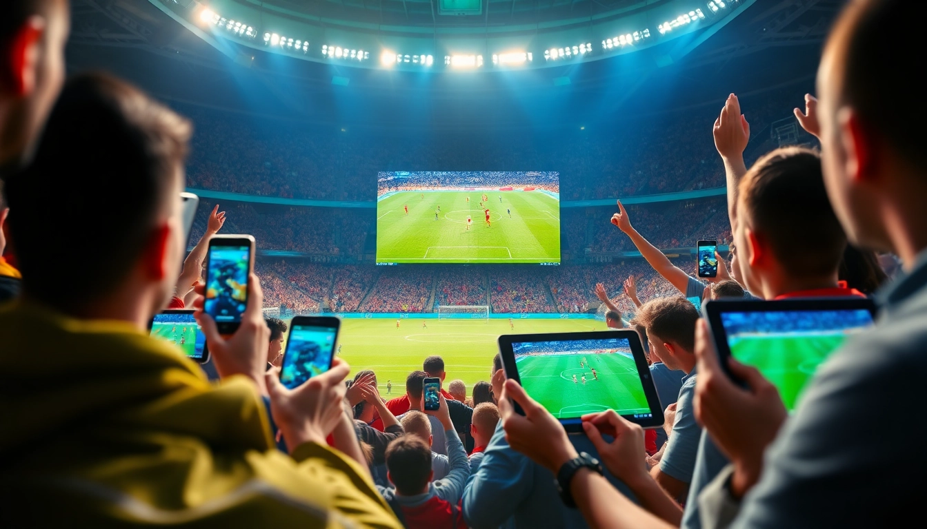 Live football streaming on joemadfan.com with excited fans using various devices.