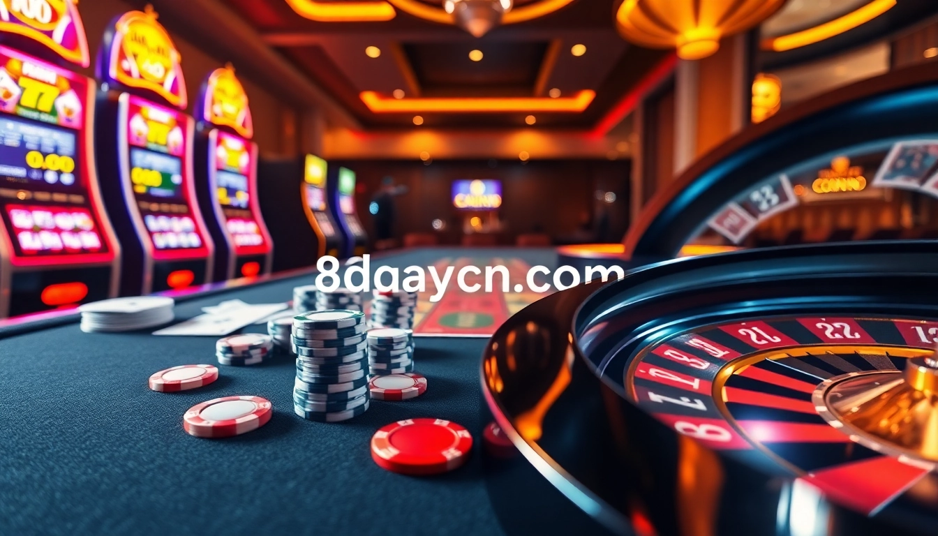 Experience high-stakes gaming at 8day.cn.com with vibrant poker chips and casino tables.