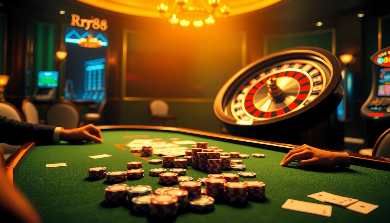 Action-packed RR88 casino scene featuring players at a poker table and a spinning roulette wheel.