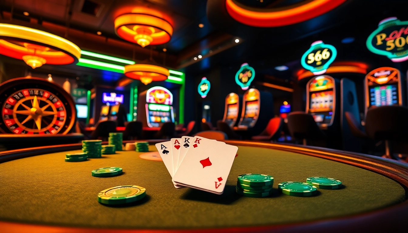 Experience the thrill of MB66 in an opulent casino setting with poker chips and roulette wheels.