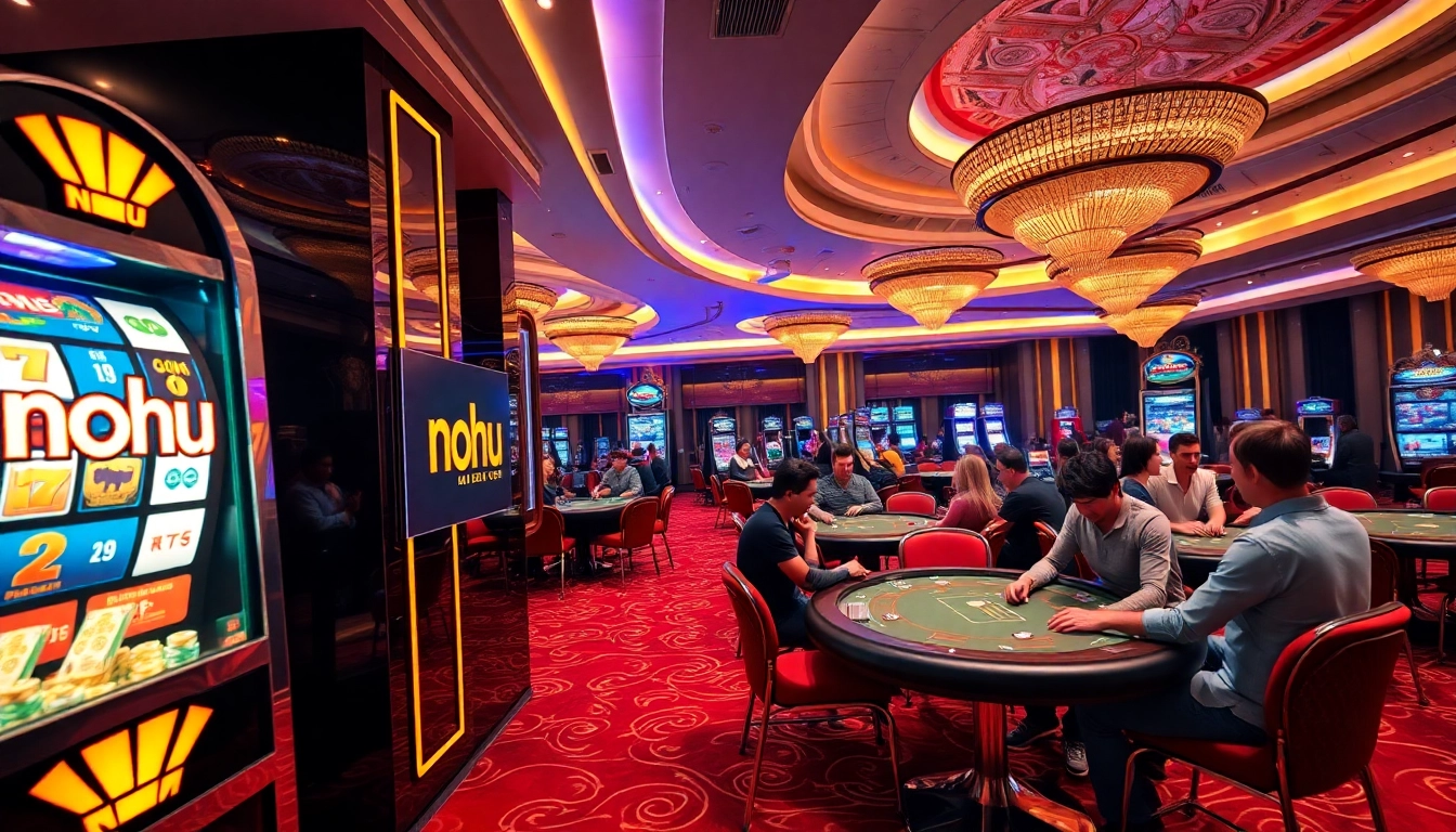 A lively casino scene with players enjoying games, featuring nohu slot machines prominently.