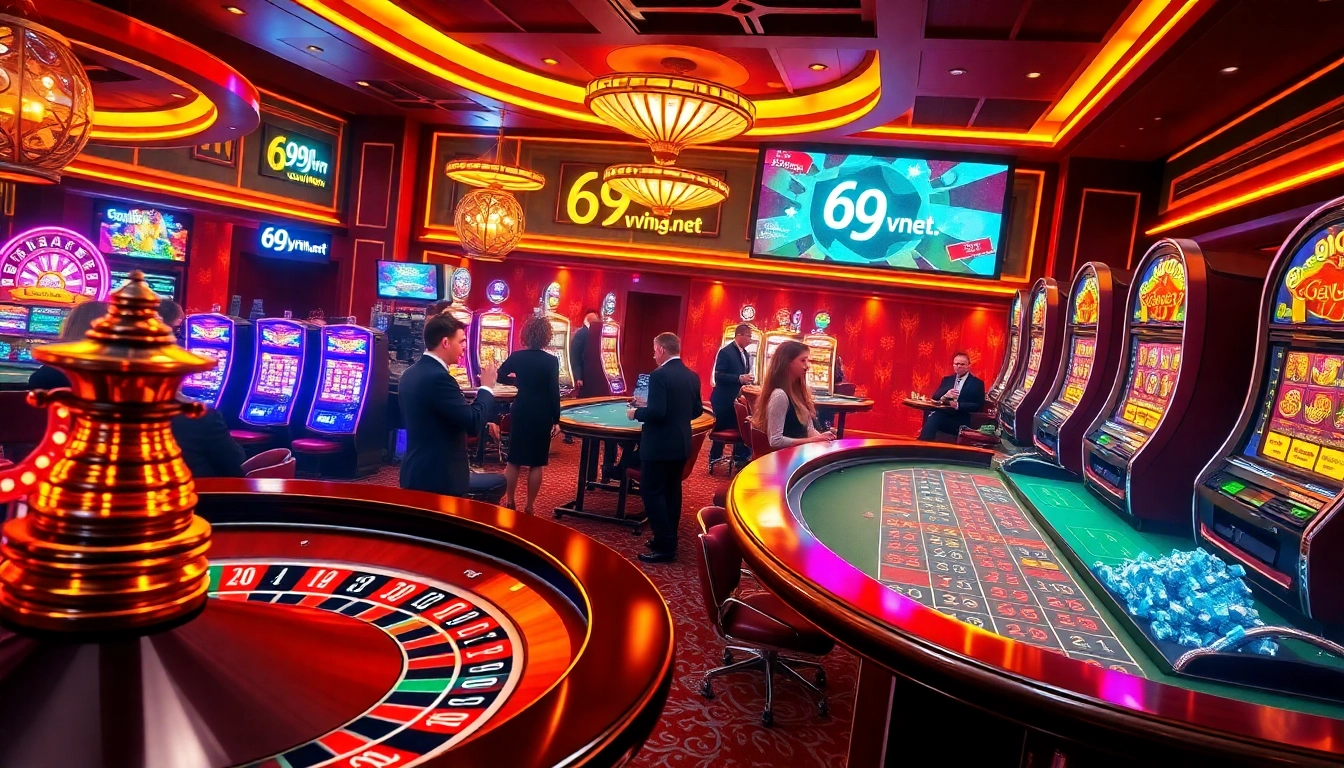 A vibrant casino scene with roulette, dice, and slot machines highlighting 69vn.gb.net, showcasing excitement and luxury.