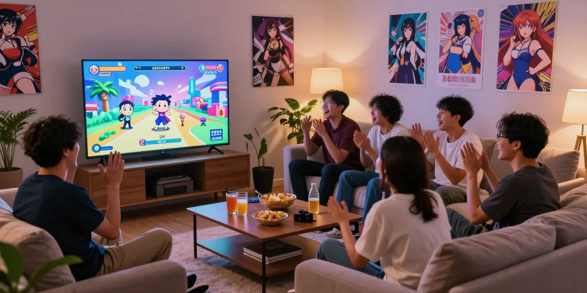 Friends enjoying a gaming night with free ecchi games on a large screen in a cozy living room.