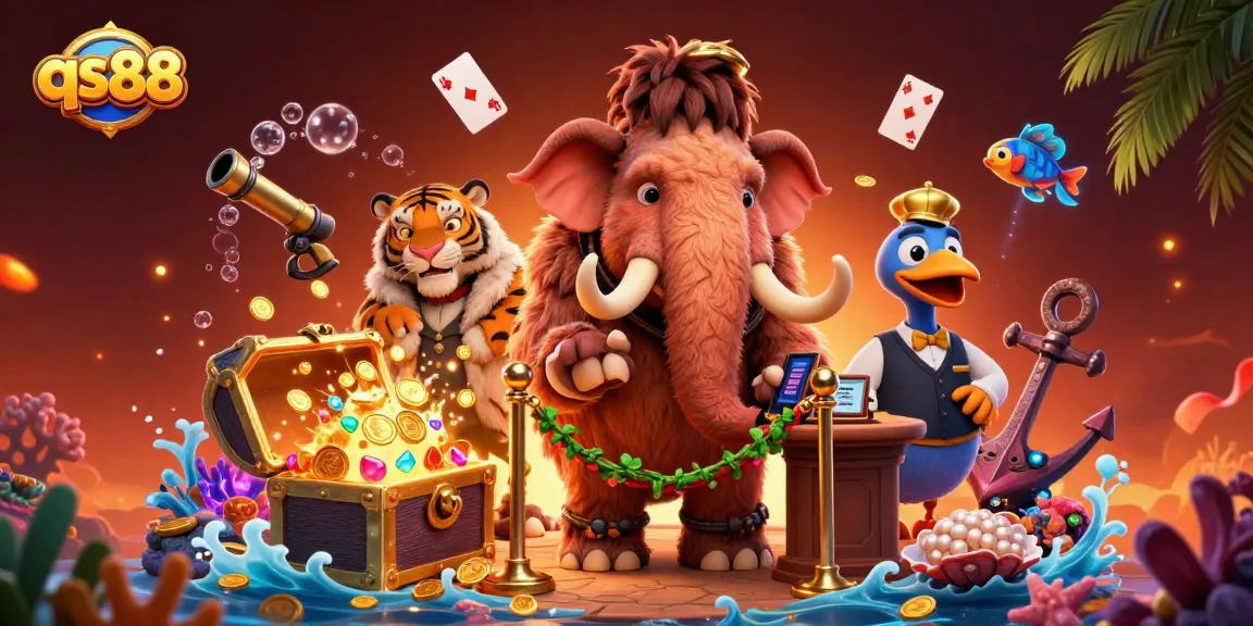 Experience luxury gaming at qs88 with a vibrant casino scene featuring animated characters and treasure.