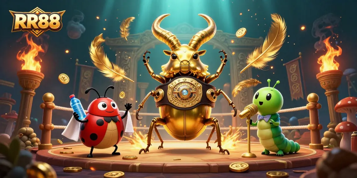 Engage in thrilling battles at RR88, featuring a champion stag beetle supported by a ladybug corner-man amidst vibrant casino elements.
